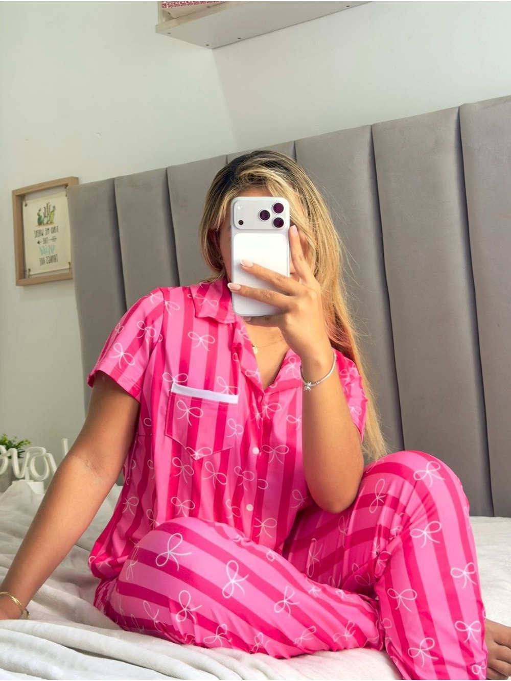 Women's Pink Bow-Print Satin Pajama Set
